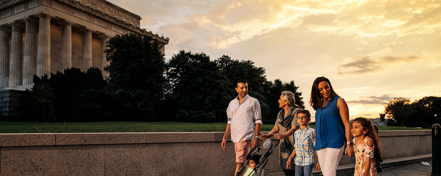 Family strolling by Lincoln Memorial