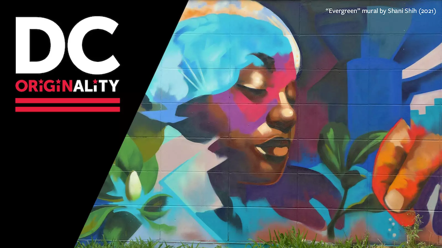 A vibrant street mural titled "Evergreen" by Shani Shih, depicting a serene woman's face in blues and reds, surrounded by abstract green foliage, with the text "DC Originality" in bold letters on the left.