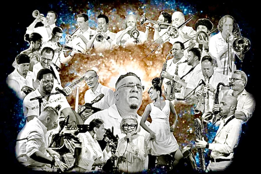 Collage of musicians playing various instruments, set against a cosmic background.