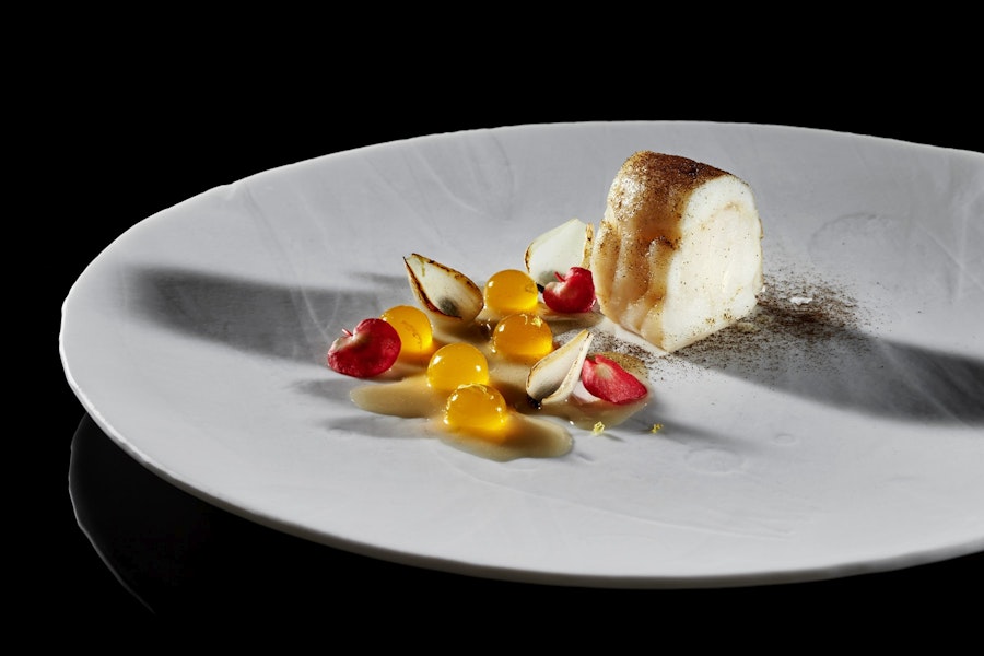 A minimalist gourmet dish featuring a small, cylindrical piece of fish, garnished with yellow spheres, onion petals, and tiny cherry tomatoes on a large white plate against a black background.