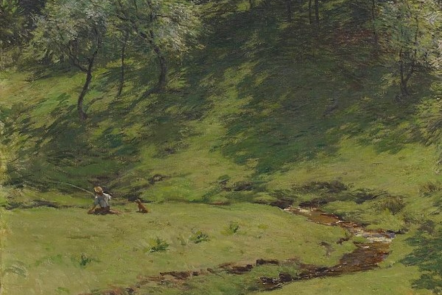 A landscape painting depicting a lush green hillside with a small stream. A person in a hat sits on the grass near the stream with a dog.