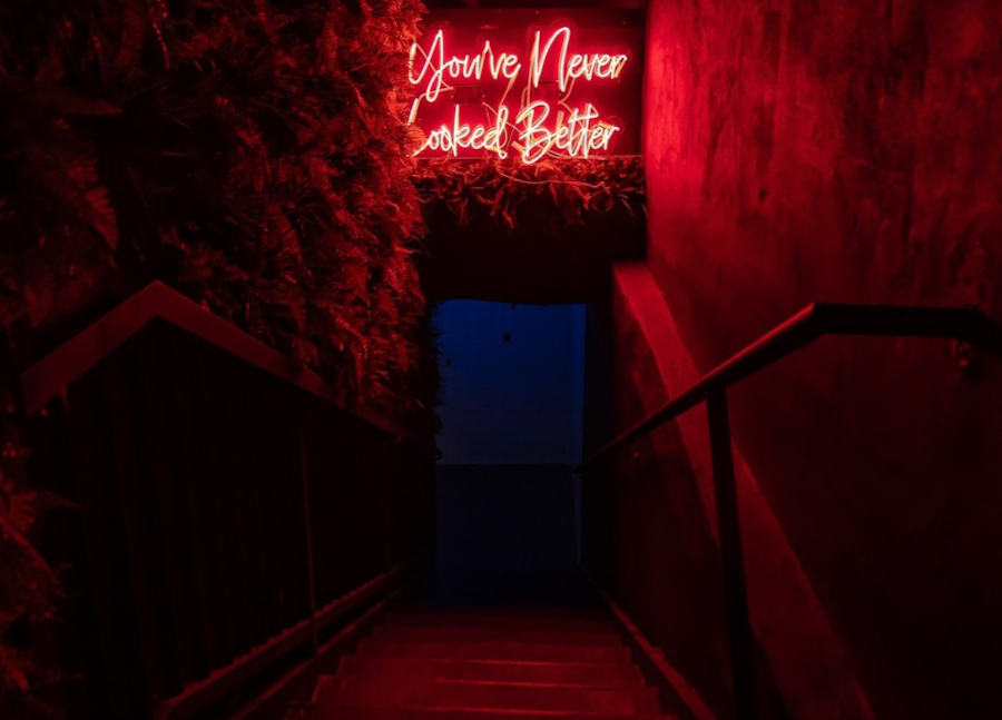  A dimly lit stairwell with a red neon sign at the top reading "You've Never Looked Better," casting an eerie glow over the steps and surrounding walls. The ambiance is dark and moody, with hints of greenery on one side.