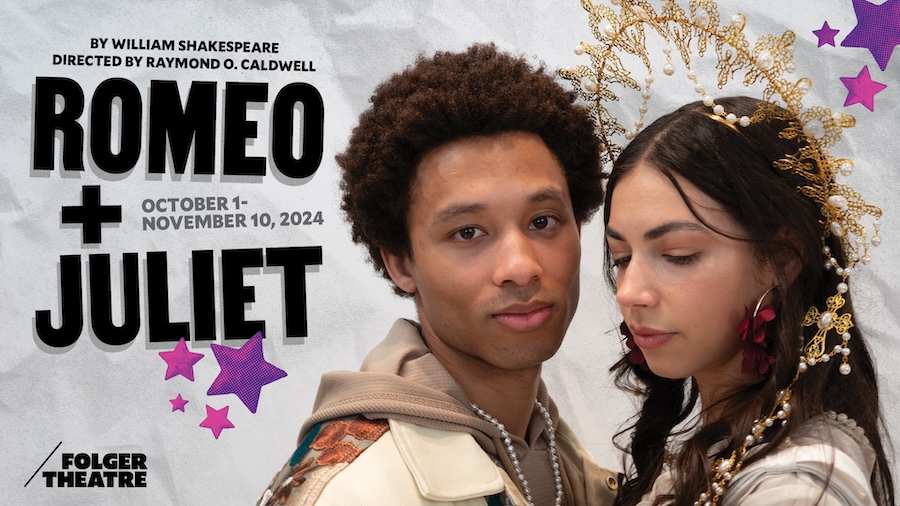 A promotional poster for 'Romeo + Juliet' at Folger Theatre, running from October 1 to November 10, 2024. The image features a close-up of the two lead actors, with Romeo looking toward the camera and Juliet with her eyes closed, wearing decorative crowns, against a backdrop with stars.