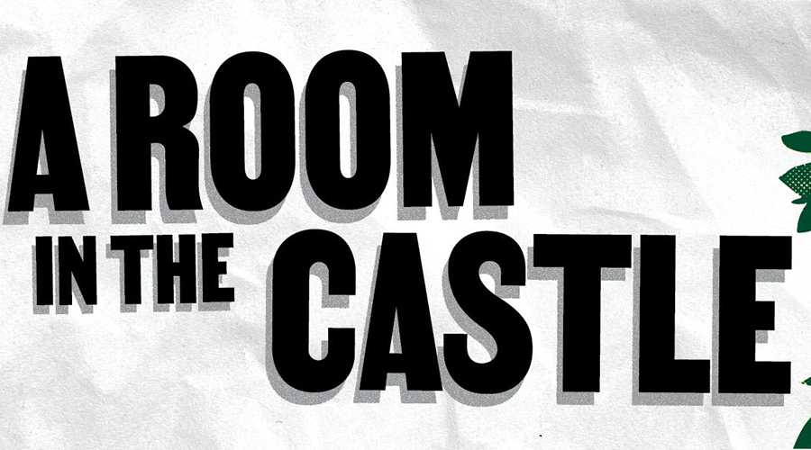 Bold black text reading "A Room in the Castle" appears on a textured white background with partial green foliage on the side.