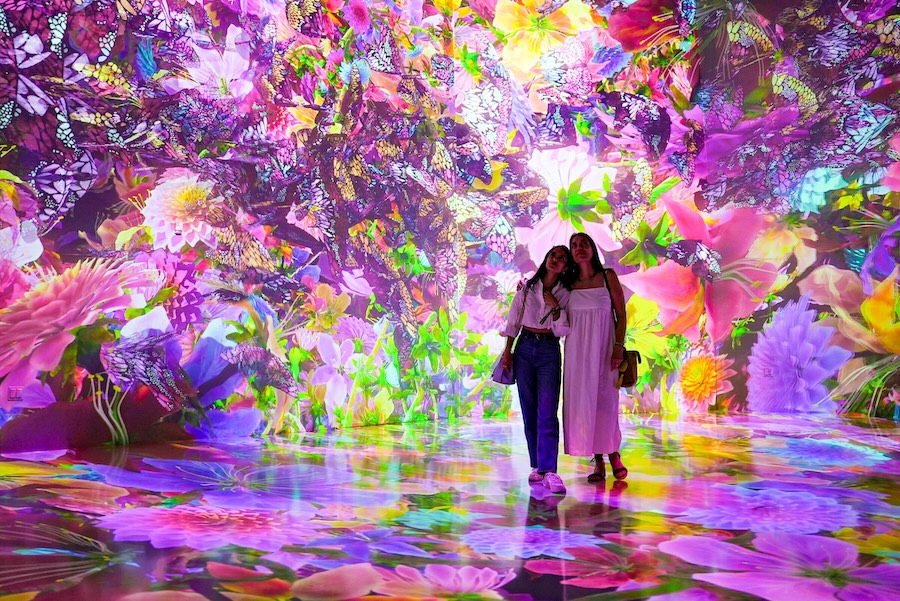 Two visitors stand in a vibrant, immersive digital art installation at ARTECHOUSE, surrounded by colorful, glowing flowers and butterflies.