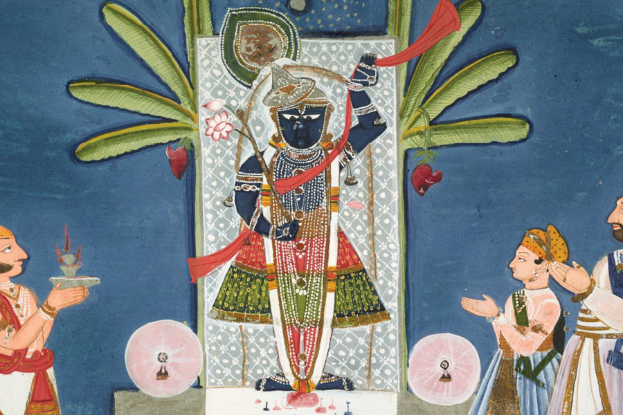 Traditional Indian painting depicting a Krishna deity adorned with jewelry and surrounded by worshippers and banana leaves.