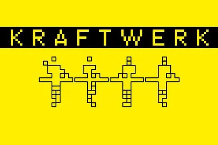 Kraftwerk logo with pixelated humanoid figures on a bold yellow background.