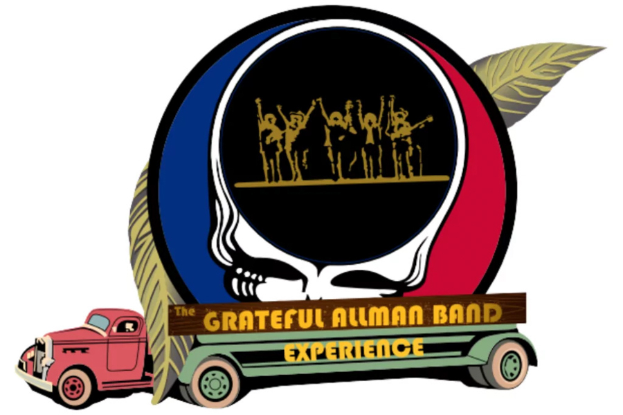 Logo for *The Grateful Allman Band Experience*, featuring a stylized skull, silhouetted band, and vintage truck design.