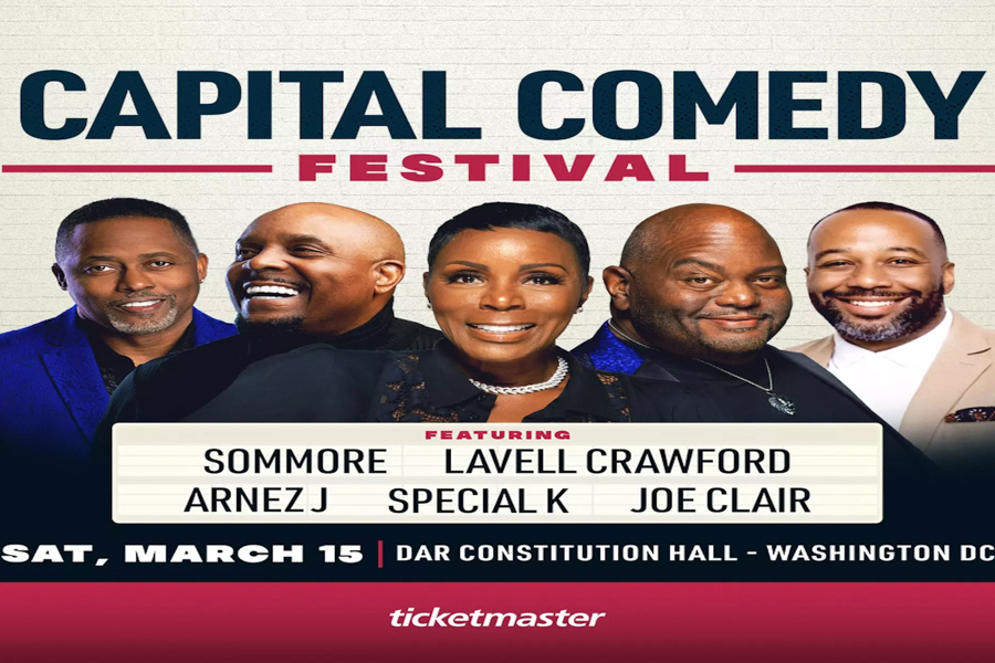 Capital Comedy Festival poster featuring Sommore, Lavell Crawford, Arnez J, Special K, and Joe Clair, scheduled for March 15 at DAR Constitution Hall in Washington, DC.