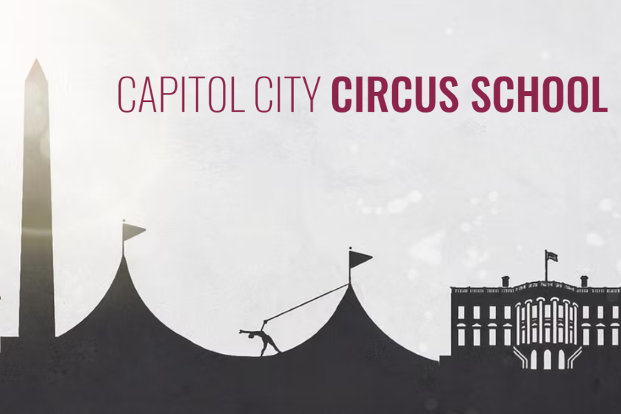 Logo for Capitol City Circus School with Washington Monument and White House